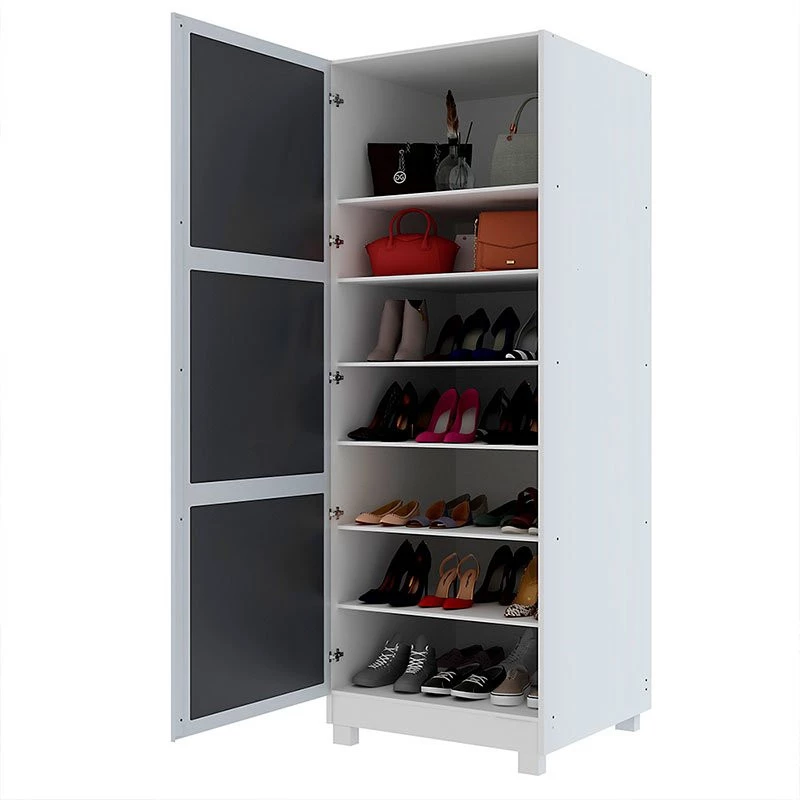 Sapateira Com Porta de Espelho 225cm x 63cm Gold Gelius Branco Acetinado