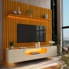 Rack Nobre Pés Vidro Com Painel Ripado Nobre TV 85 Pol 230x250 Gelius Naturale/Off White