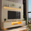 Rack Nobre Pés Vidro Com Painel Ripado Nobre TV 85 Pol 230x250 Gelius Off White