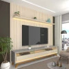 Rack Com Painel Ripado 3D TV 75 Polegadas 224cm Requinte Pés Madeira Gelius Cinza/Off White