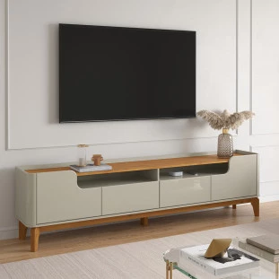 Rack com 160cm Cantos Arredondados 4 portas Para Tv 65 Flip 1.6 Patrimar Off White/Cinamomo