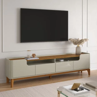 Rack com 160cm Cantos Arredondados 4 portas Para Tv 65 Flip 1.6 Patrimar Off White/Cumaru