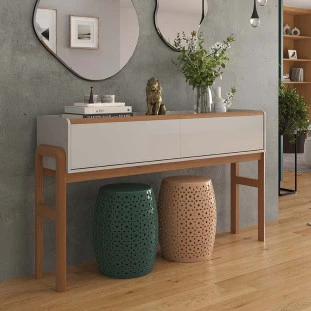 Aparador Moderno 2 Gavetas Pés Madeira 143cm Elegance Lukaliam Off Whte/Jequitiba