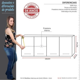 Armário Aéreo de Cozinha 4 Portas Eros Flat 140 Cozimax Preto