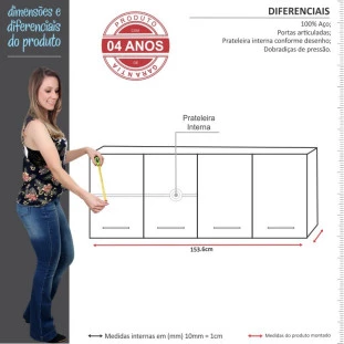 Armário Aéreo de Cozinha 4 Portas Apolo Flat 160 Cozimax Branco