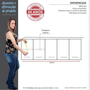 Armário Aéreo Preto de Cozinha 5 Portas Eros Flat 180 Cozimax 