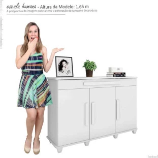 Balcão Buffet Sala Jantar 137cm 3 Portas Gaveta Rubi RV Móveis Branco
