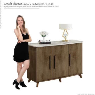 Buffet Aparador 137cm 3 Portas Tampo de Vidro Diamante RV Móveis Freijó/Off White