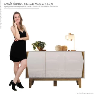 Balcão Buffet 3 Portas 123cm Surina EAX Móveis Off White/Canela