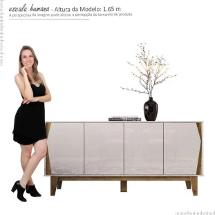 Balcão Buffet 4 Portas 165cm Surina EAX Móveis Off White/Canela