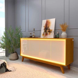 Buffet Aparador Sala Com LED 160cm Pés Madeira Requinte Gelius Naturale/Off White