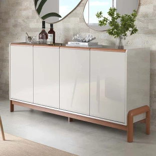 Buffet Balcão 170cm com 4 Portas Pés de Madeira Elegance Lukaliam Off White/Jequitiba