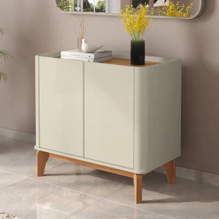 Buffet Balcão Pequeno 90cm Sala com 2 Portas Flip 90 Patrimar Off White/Cumaru