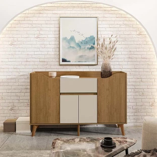 Buffet Aparador Sala 136cm 4 Portas 1 Gaveta Prata RV Móveis Cinamomo/Off White