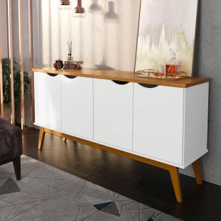Buffet Aparador 160cm 4 Portas Pés Madeira Prism Patrimar Branco/Cumaru