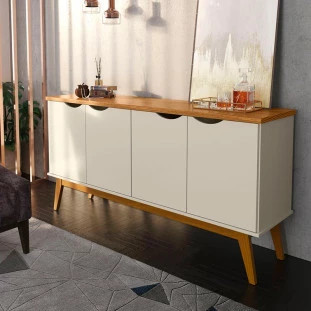 Buffet Aparador 160cm 4 Portas Pés Madeira Prism Patrimar Off White/Cumaru