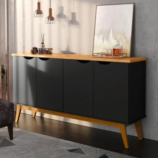 Buffet Aparador 160cm 4 Portas Pés Madeira Prism Patrimar Preto/Cinamomo