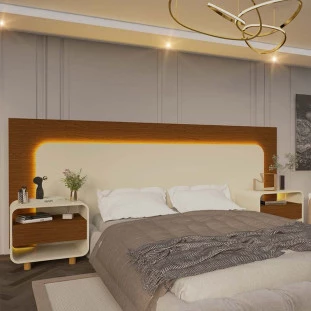 Cabeceira Para Cama Box de Casal Queen e King com 2 Mesas de Cabeceiras Innova Gelius Castanho/Off White
