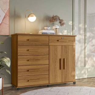 Cômoda Sapateira 1 Porta 6 Gavetas 126cm Platina Lukaliam Freijo