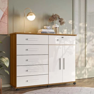 Cômoda Sapateira 1 Porta 6 Gavetas 126cm Platina Lukaliam Freijo/Off White