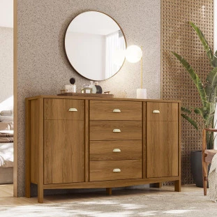 Cômoda Grande 4 Gavetas 2 Portas e Cabideiro Prisma Lukaliam Freijo