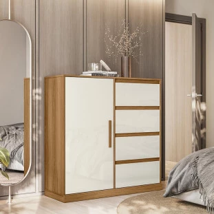 Cômoda Compacta 4 Gavetas Sapateira Rodízios Vênus Lukaliam Freijo/Off White