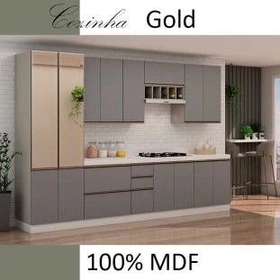 Módulo Balcao De Canto Reto 100cm Esquerdo 100% MDF Cozinha Modulada Gold Robel Fendi/Cinza