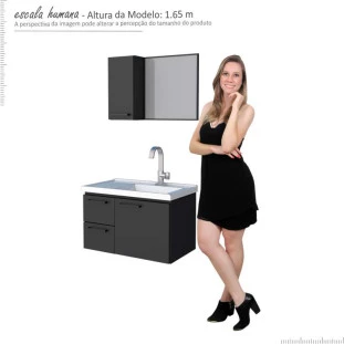 Conjunto Para Banheiro Aço Gabinete e Espelho Romã 60 Cozimax Preto