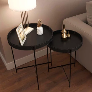 Conjunto 2 Mesas Laterais Redonda Couro Sintético Decor Patrimar Preto