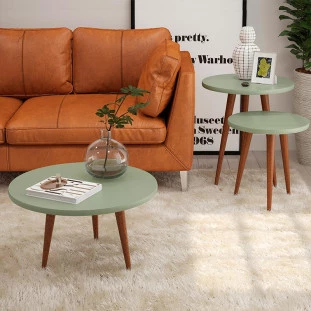 Conjunto com 3 Mesas Apoio Lateral e Centro Redonda Legs Patrimar Verde Alecrim
