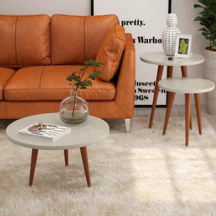 Conjunto com 3 Mesas Apoio Lateral e Centro Redonda Legs Patrimar Off White