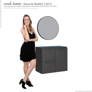 Conjunto Banheiro Aço Gabinete Osiris 60 Com Espelho Luna e Cuba Cuia Branca Cozimax Preto