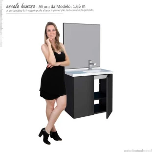 Conjunto Banheiro Aço Gabinete Umbu 60 Lavatório Com Espelho Bisotê Cozimax Preto