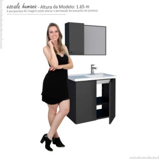 Conjunto Banheiro Aço Gabinete Umbu 60 Lavatório Com Espelho Romã Cozimax Preto