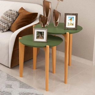 Conjunto de Mesa Lateral Florida 50cm e 60cm Lukaliam Verde Floresta/Freijo