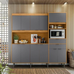 Cozinha Completa 200cm 11 Portas 2 Gaveta Bahamas Lukaliam Tauari/Cinza
