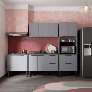 Cozinha Completa de Madeira Gabinete Para Pia 120cm e Armário Aéreo Cisne Cozimax Cinza