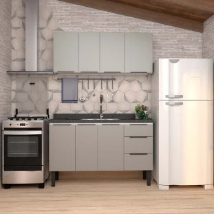 Cozinha Completa Gabinete Para Pia 140cm e Armário Aéreo Júpiter Cozimax Cinza Argila