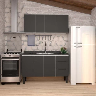 Cozinha Completa Gabinete Para Pia 140cm e Armário Aéreo Júpiter Cozimax Preto