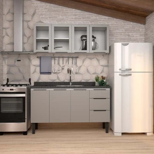 Cozinha Completa Gabinete Para Pia 150cm e Armário Aéreo Portas Vidro Júpiter Cozimax Cinza Argila