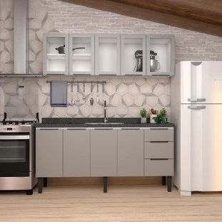 Cozinha Completa Gabinete Para Pia 180cm e Armário Aéreo Portas Vidro Júpiter Cozimax Cinza Argila