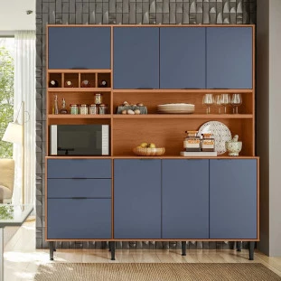 Cozinha Completa 180x200cm Com Adega 7 Portas 2 Gavetas Viena Lukaliam Jequitiba/Azul