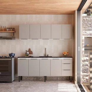 Cozinha Completa Gabinete Para Pia 200cm e Armário Aéreo Júpiter Cozimax Cinza Argila