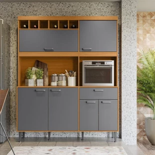 Cozinha Completa 160cm Adega 6 Portas 1 Gaveta Dakota Lukaliam Tauari/Cinza