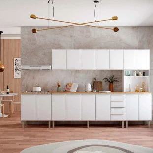 Cozinha Completa Aço Balcão com Tampo Jequitibá e Armário Aéreo 200 Flora Cozimax Branco