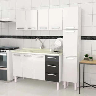 Cozinha Completa de Aço Gabinete Para Pia 140cm com Aéreo e Paneleiro Vênus Cozimax Branco/Preto