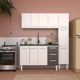 Cozinha de Aço Gabinete Para Pia 140cm com Armário Aéreo Vênus Cozimax Branco/Preto
