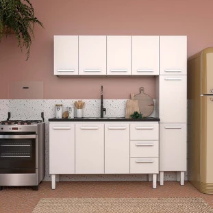 Cozinha Completa de Aço Gabinete Para Pia 150cm com Aéreo e Paneleiro Vênus Cozimax Branco