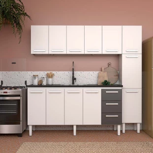 Cozinha Completa de Aço Gabinete Para Pia 180cm com Aéreo e Paneleiro Vênus Cozimax Branco/Preto