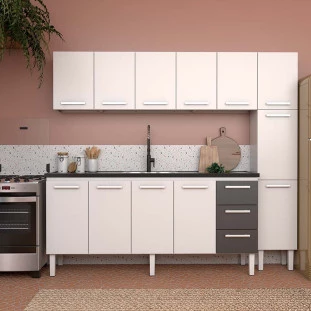 Cozinha de Aço Gabinete Para Pia 200cm com Armário Aéreo Vênus Cozimax Branco/Preto